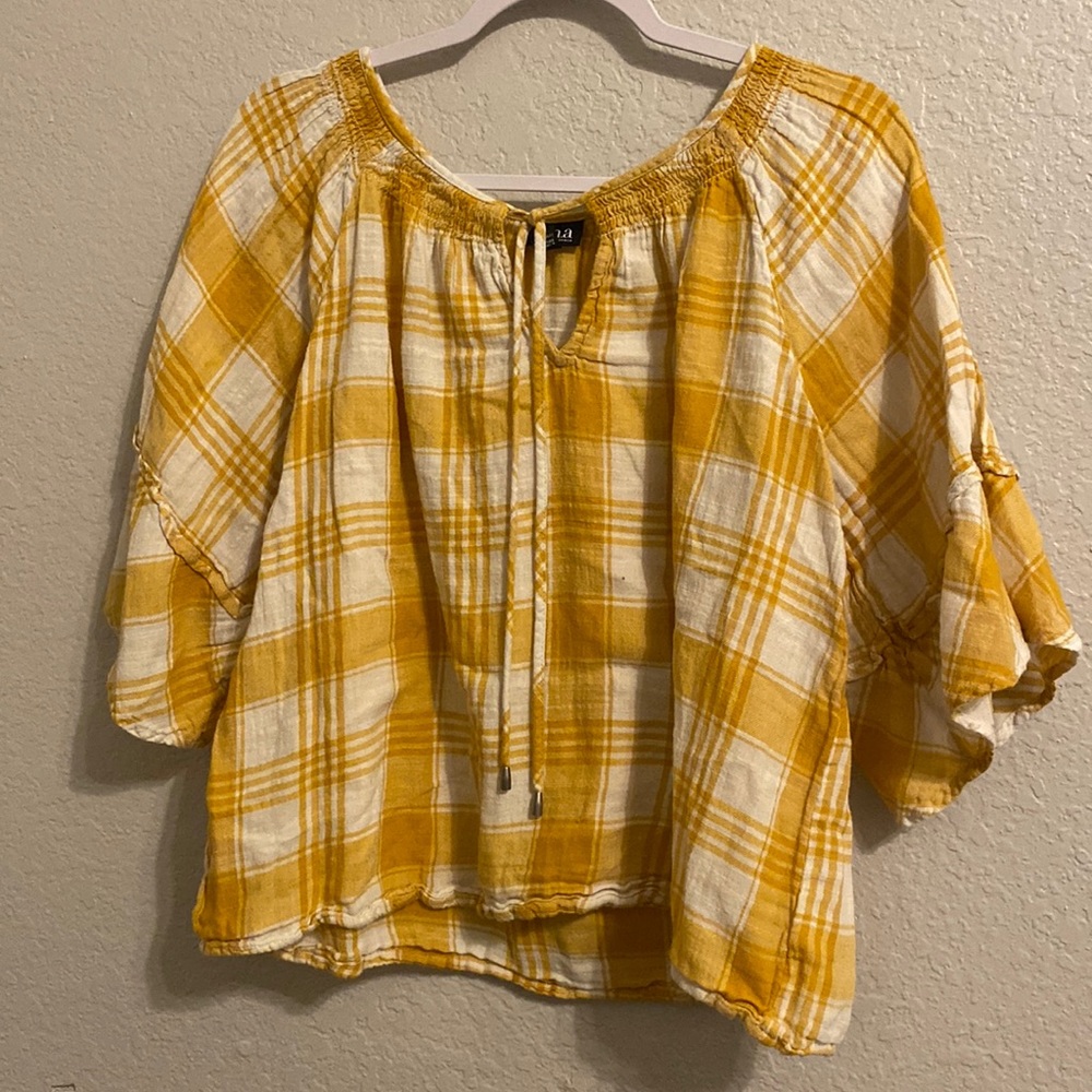 A.N.A. Yellow 3/4 Sleeve Plaid Print Blouse. Size XL.